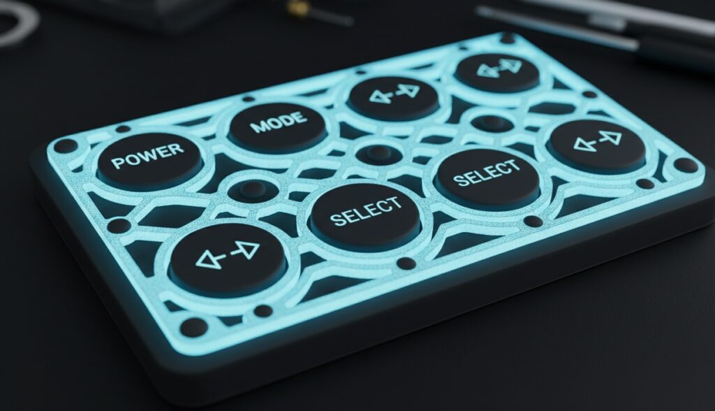 Laser etched custom silicone rubber keypad with LED backlighting for automotive dashboard