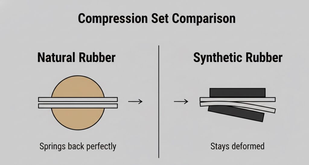 Technical chart showing high elasticity and low compression set of natural rubber vs synthetic materials