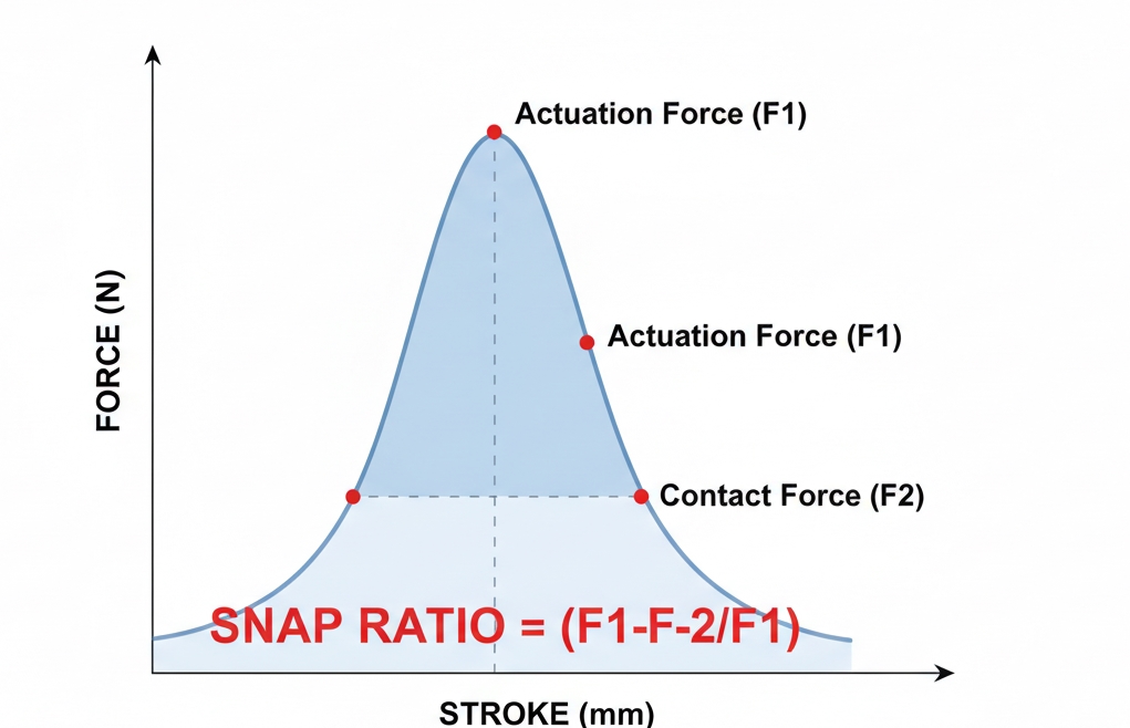 Force vs Stroke curve graph illustrating tactile feedback and snap ratio for silicone rubber keypad design