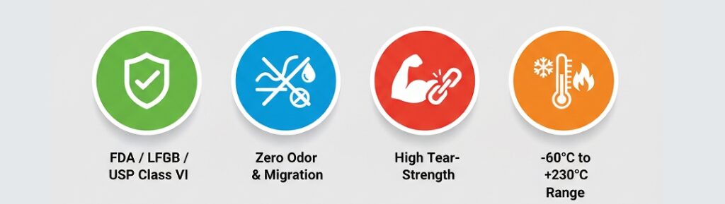 FDA / LFGB / USP Class VI" "Zero Odor & Migration" "High Tear-Strength" "-60°C to +230°C Range