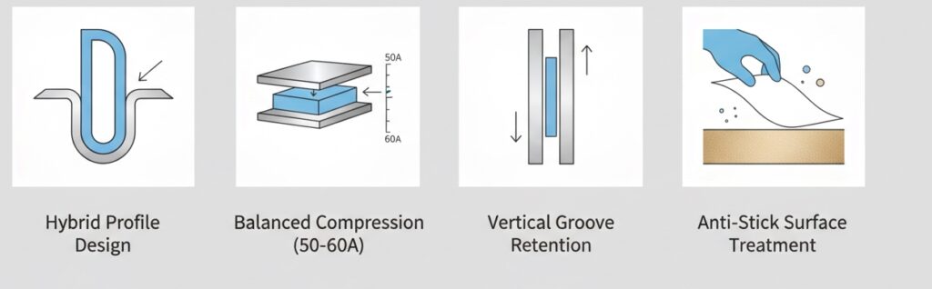 Hybrid Profile Design" "Balanced Compression (50-60A)" "Vertical Groove Retention" "Anti-Stick Surface Treatment"