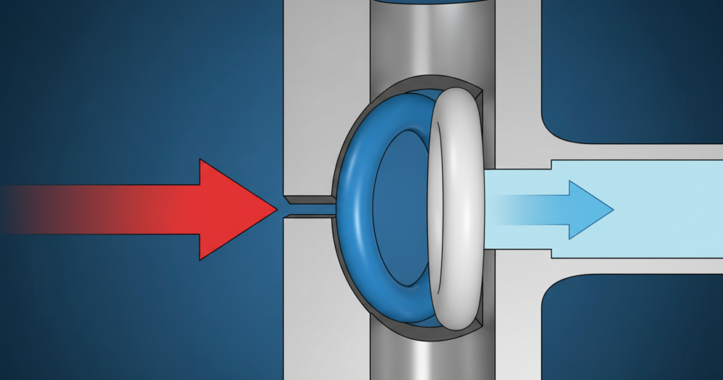 A PTFE anti-extrusion back-up ring preventing O-ring extrusion failure in a high-pressure hydraulic gland