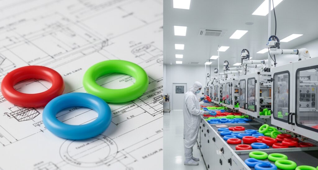 Custom color-coded stretchy silicone O-rings for assembly mistake-proofing and premium consumer goods, manufactured in a cleanroom facility