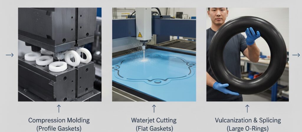 Full matrix manufacturing capabilities for custom silicone O-ring gaskets, including precision molding, waterjet cutting, and hot-vulcanized splicing