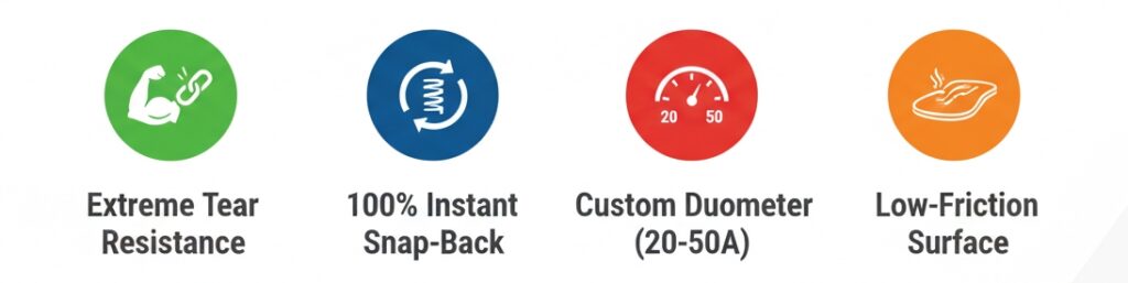 "Extreme Tear Resistance" "100% Instant Snap-Back" "Custom Durometer (20-50A)" "Low-Friction Surface"