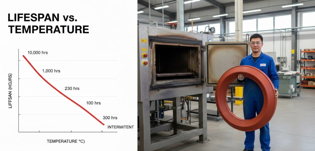 Time-at-temperature lifespan matrix and massive vulcanized high-temperature silicone O-rings for industrial ovens.
