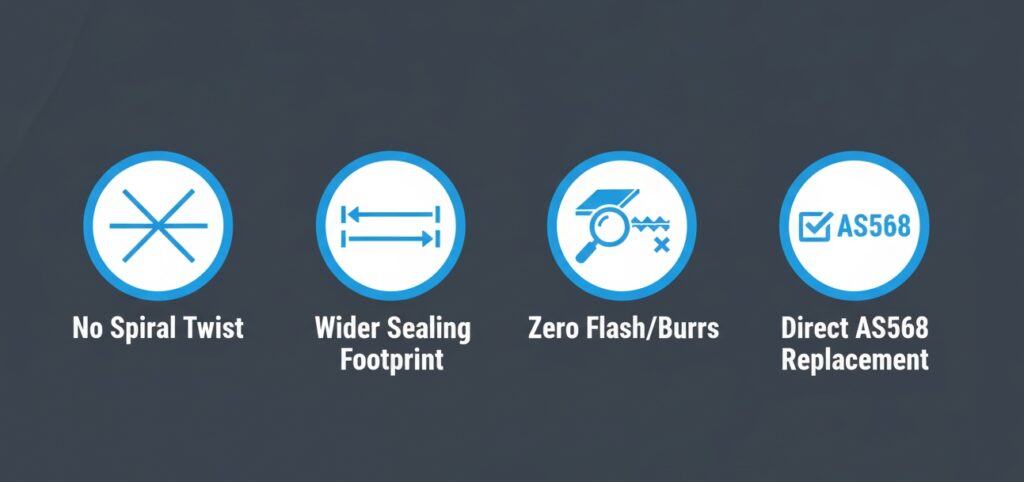 4 small icons with . "No Spiral Twist" "Wider Sealing Footprint" "Zero Flash/Burrs" "Direct AS568 Replacement