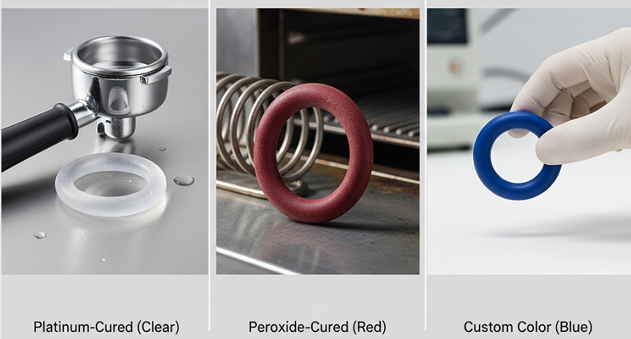 Comparison of platinum-cured silicone for food/medical, peroxide-cured for high heat, and custom colored silicone O-rings