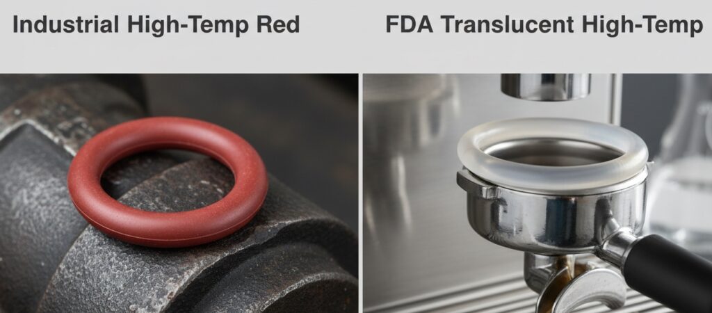 Comparison of red iron oxide fortified high temperature silicone for industrial use versus translucent FDA high-temp silicone for food and medical appliances.]