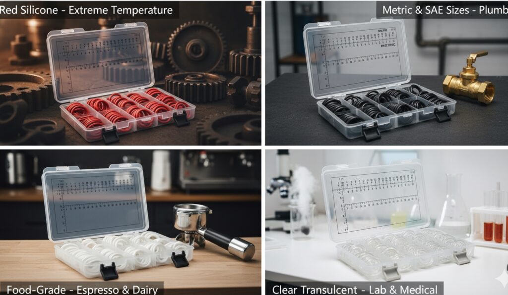 Application-specific silicone O-ring assortment kits including AS568 industrial, Metric valve, FDA espresso repair, and Lab R&D kits