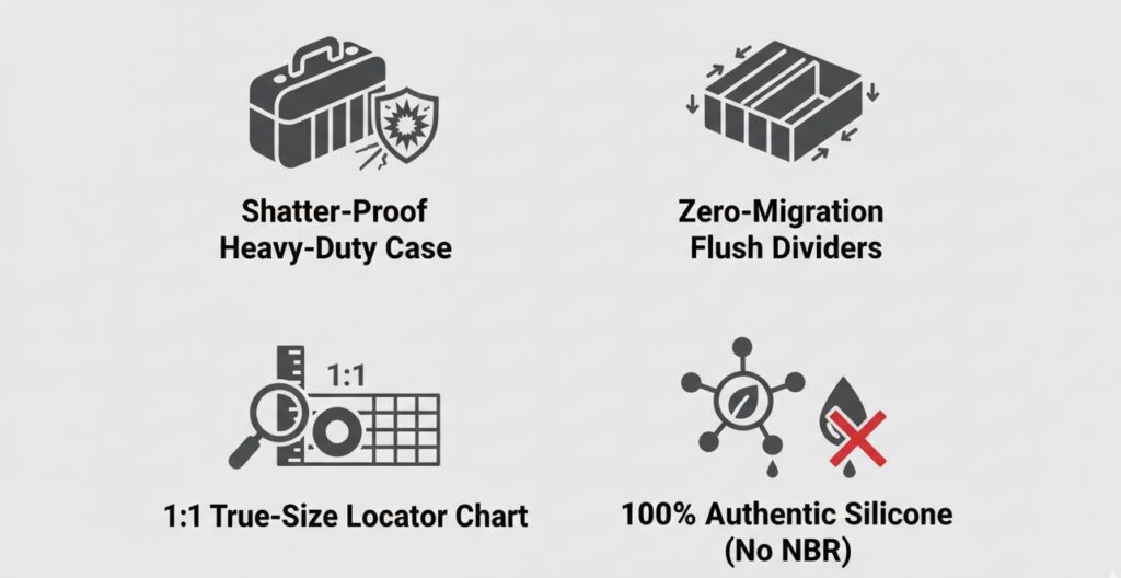 Core guarantees of our assortment kits: heavy-duty cases, zero size mixing, 1:1 size charts, and 100% real silicone