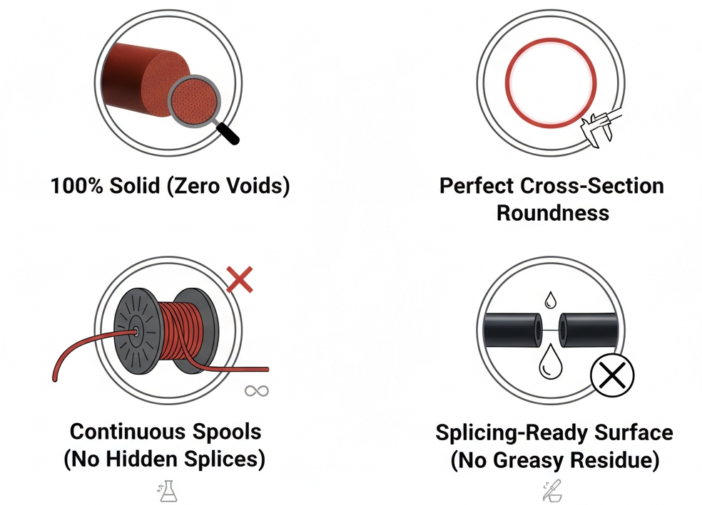 Core guarantees of RiseUp silicone cord: void-free core, perfect roundness, continuous spools, and splicing-ready surface