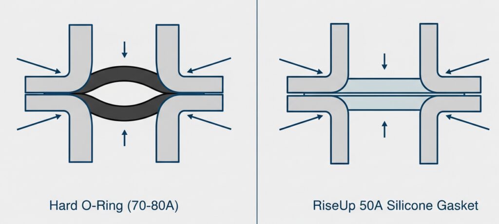 Low closure force silicone O-ring gaskets preventing plastic housing distortion and cracked flanges in smart appliances