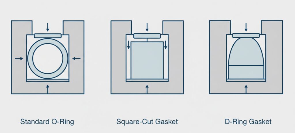 Engineering guide comparing standard silicone O-rings, square cut gaskets, and D-ring profiles for flat flange sealing