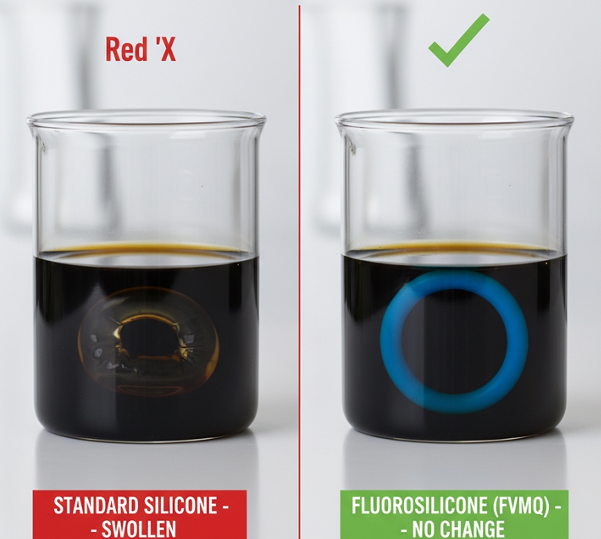 Engineering comparison showing standard silicone swelling in oil versus oil-resistant Fluorosilicone (FVMQ) O-rings