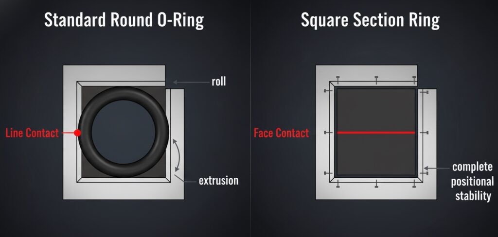 Engineering comparison showing the superior sealing footprint and stability of a square section ring vs a standard round O-ring.