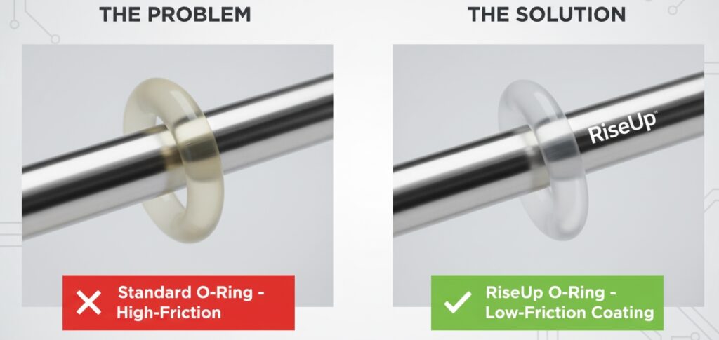 Comparison showing how low-friction coatings prevent spiral twisting during the installation of stretchy silicone O-rings
