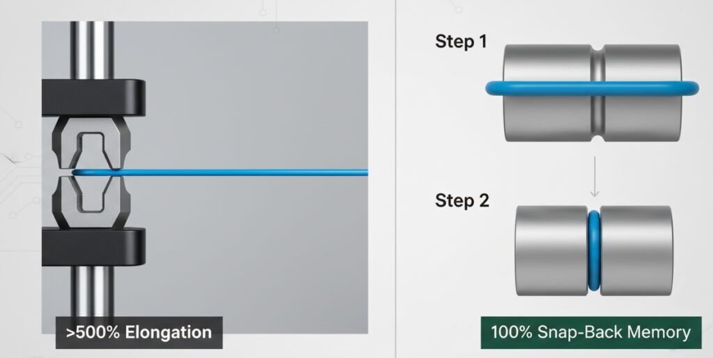 Laboratory tensile testing showing extreme elongation and 100% snap-back memory of high tear strength silicone O-rings
