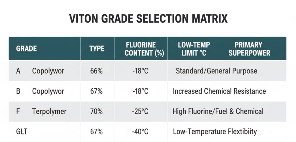 Engineering selection guide for Viton rubber O-ring grades including Type A, B, F, GLT, and ETP for aerospace and petrochemical use