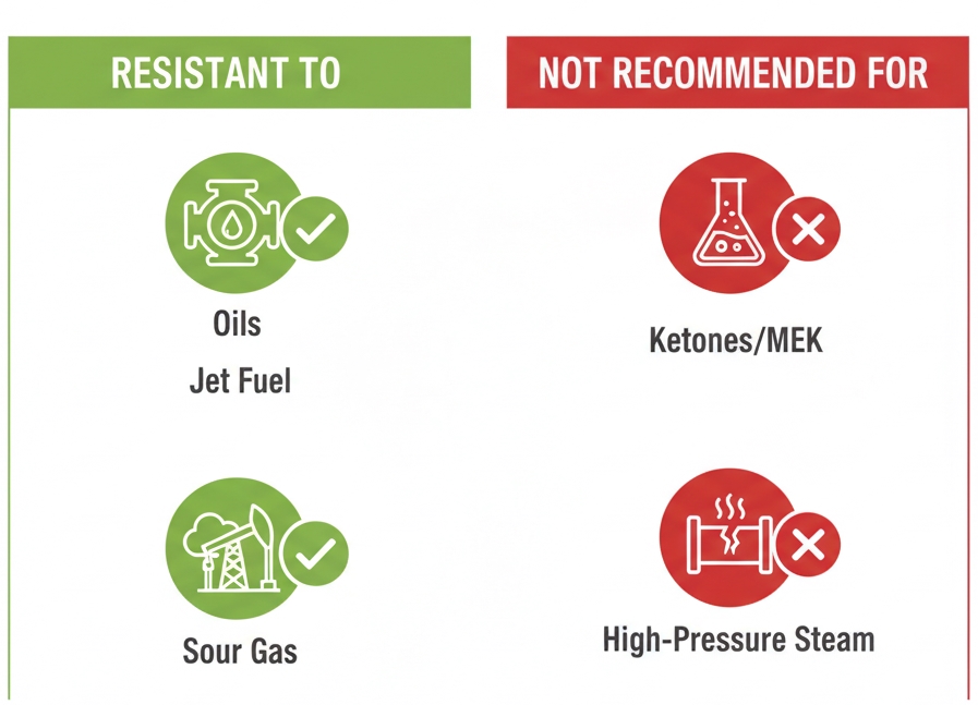Engineering guide showing chemical compatibility and severe incompatibilities for genuine Viton rubber O-rings in aerospace and petrochemical applications