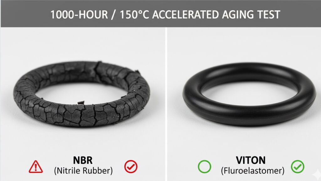 High-temperature aging test comparing a degraded Nitrile (NBR) O-ring to a perfectly intact genuine Viton rubber O-ring