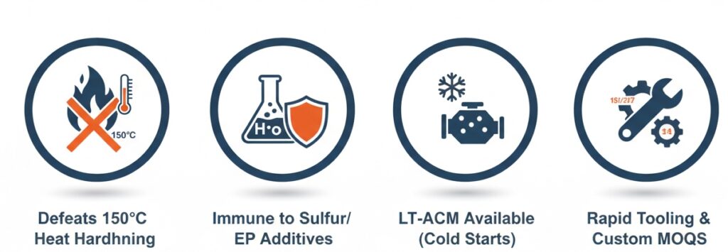 Core engineering advantages of ACM O-rings: heat hardening defense, EP lubricant immunity, low-temp flexibility, and rapid custom tooling.