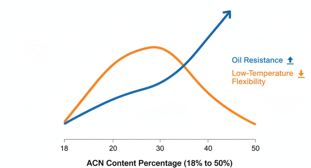 Technical chart showing how Acrylonitrile (ACN) content affects Buna-N oil resistance and low-temperature flexibility