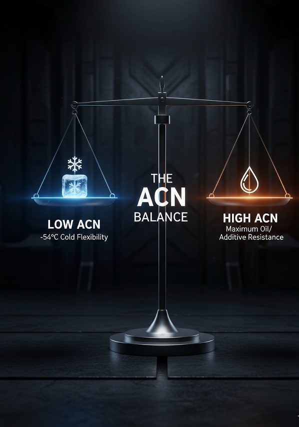 Engineering chart explaining how Acrylonitrile (ACN) content in Buna-N O-rings balances extreme oil resistance with low-temperature flexibility.
