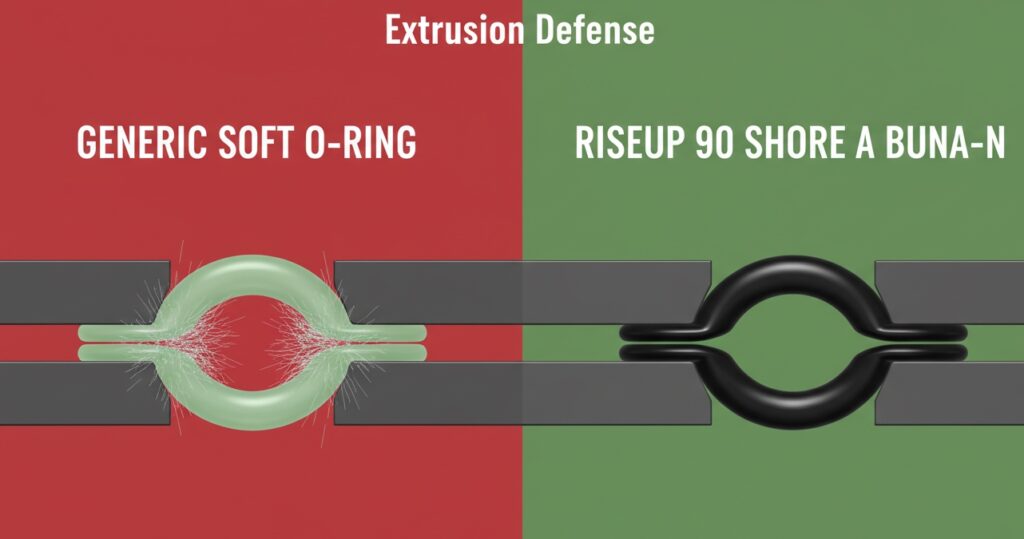 Engineering diagram demonstrating how high-durometer (90 Shore A) Buna-N O-rings resist extrusion damage and nibbling in high-pressure hydraulic applications.