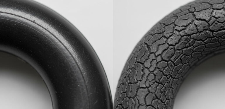Visual comparison of new Nitrile seal versus ozone-damaged Buna-N O-ring showing surface crazing