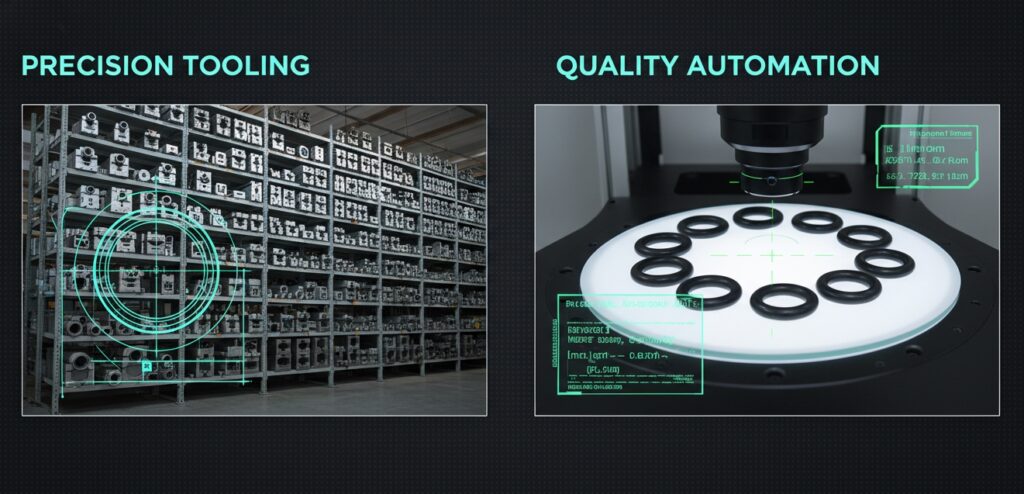 RiseUp factory direct manufacturing capabilities for Chloroprene O-rings, showcasing zero tooling fees for AS568 sizes and strict optical quality inspection