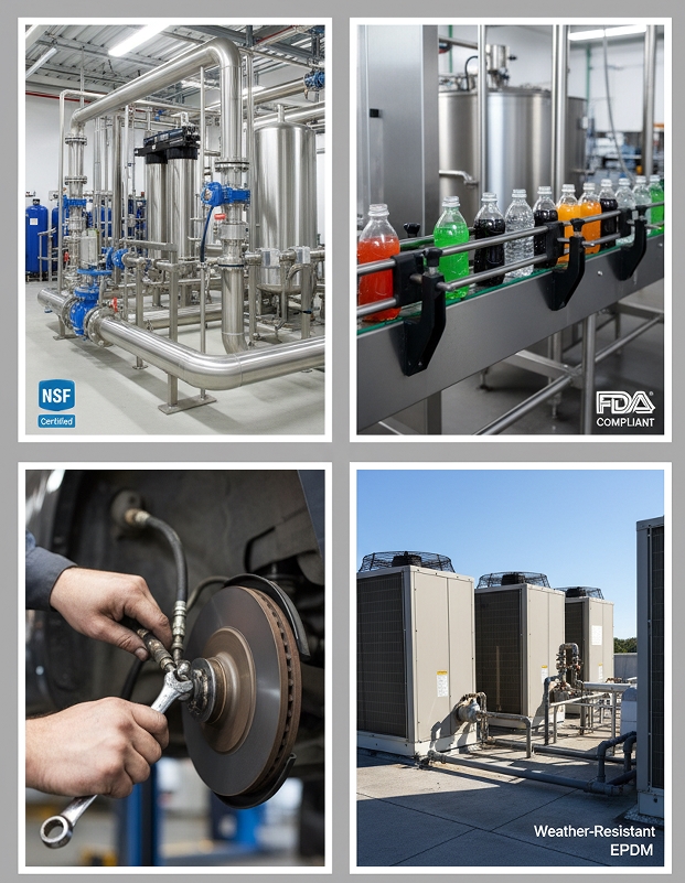 EPDM O-rings applied in NSF-61 drinking water, FDA food processing, automotive brake systems, and outdoor HVAC units