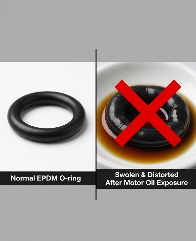 EPDM rubber O-ring failure and extreme swelling caused by exposure to petroleum-based motor oil