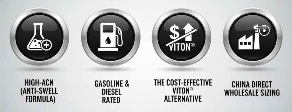 Core guarantees for our fuel-grade Buna-N O-rings: High-ACN anti-swell formula, gasoline and diesel rating, cost-effective Viton alternative, and direct China factory pricing