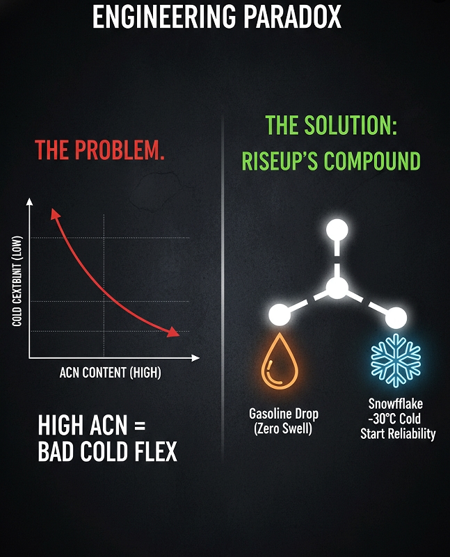 Engineering chart showing how RiseUp's high-ACN Buna-N O-rings balance extreme aromatic gasoline resistance with reliable cold-start flexibility down to -30 degrees Celsius