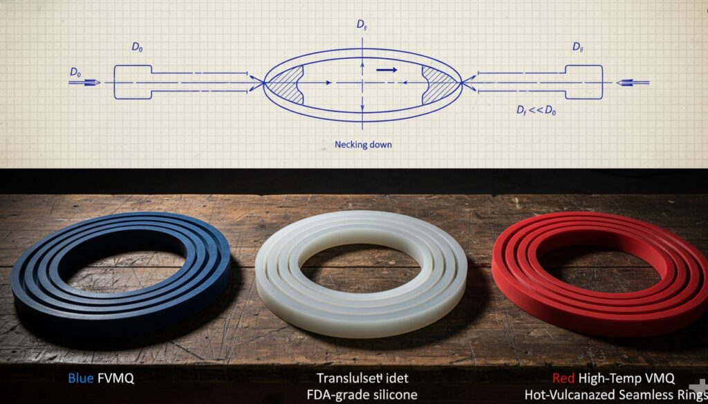 Engineering calculation for O-ring cross-section thinning and a material matrix showing FVMQ, FDA, and high-temp large silicone O-rings