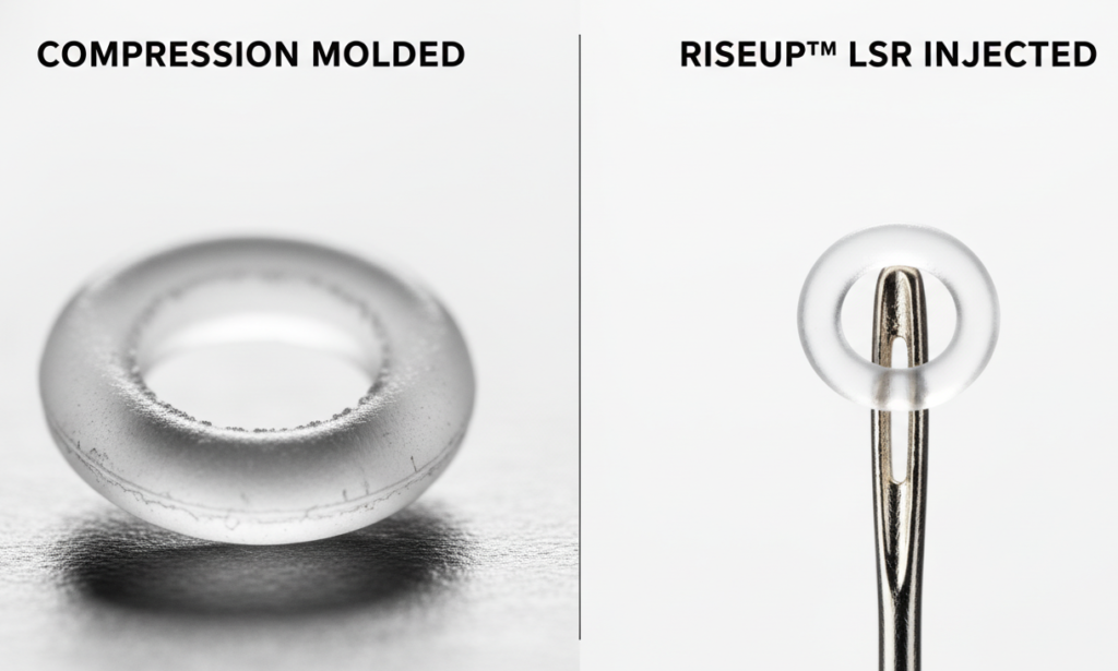 Macro comparison showing the flash-free precision of Liquid Silicone Rubber (LSR) injection for ultra-soft 20A O-rings compared to flawed traditional molding