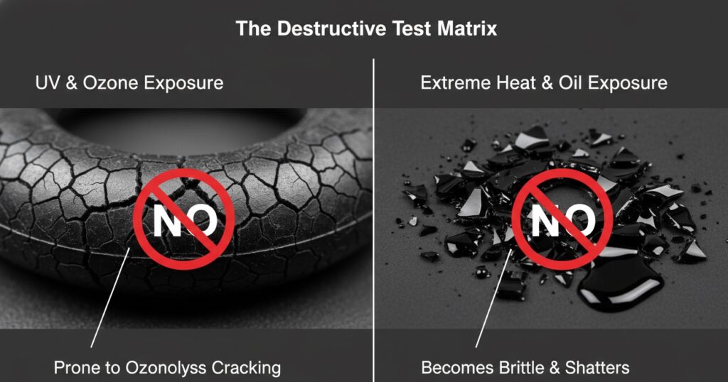 Material science data showing Nitrile (NBR) O-rings suffering severe ozone cracking and extreme heat hardening failures