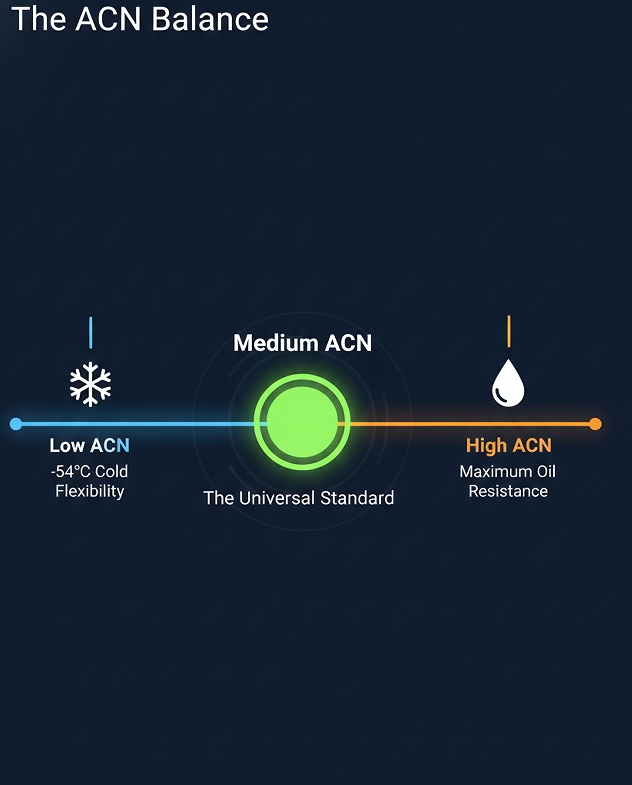 Engineering chart explaining how Acrylonitrile (ACN) content in NBR O-rings balances extreme oil resistance with low-temperature flexibility.