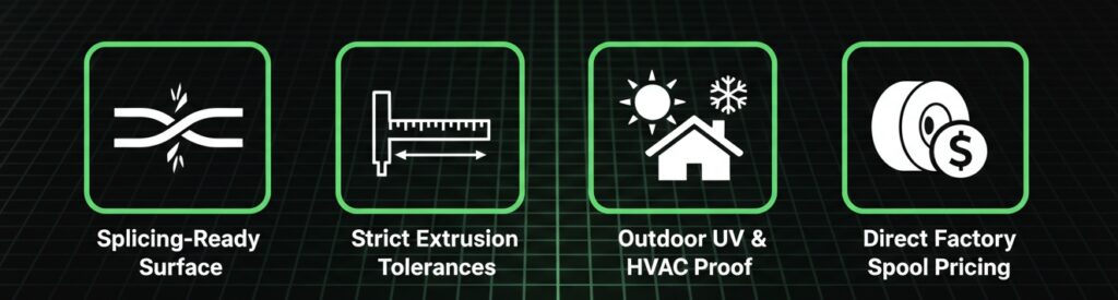 Core advantages of RiseUp Neoprene O-ring cord: splicing-ready surface, strict extrusion tolerances, UV and HVAC proof, and direct factory spool pricing