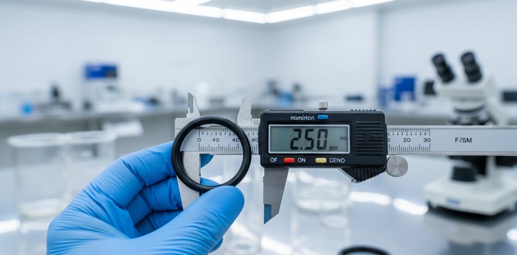 Quality control and precision measurement of RiseUp FKM O-rings ensuring zero-defect engineering
