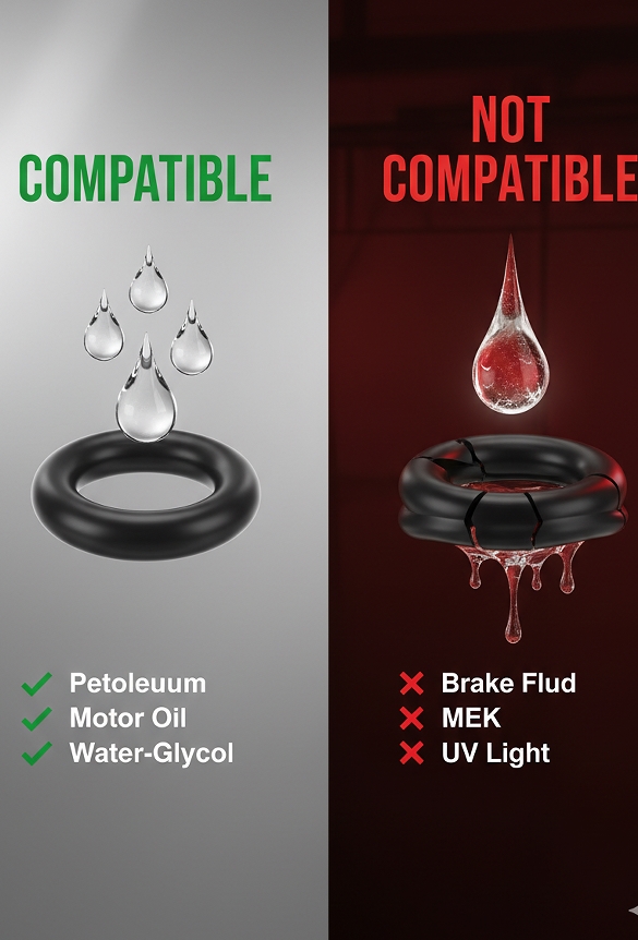 Engineering fluid compatibility matrix showing where oil-resistant Buna-N O-rings excel and the chemicals (like brake fluid and MEK) that cause them to fail