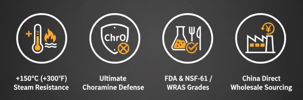 Core advantages of peroxide cured EPDM O-rings: steam resistance, chloramine defense, FDA/NSF-61 compliance, and direct factory pricing