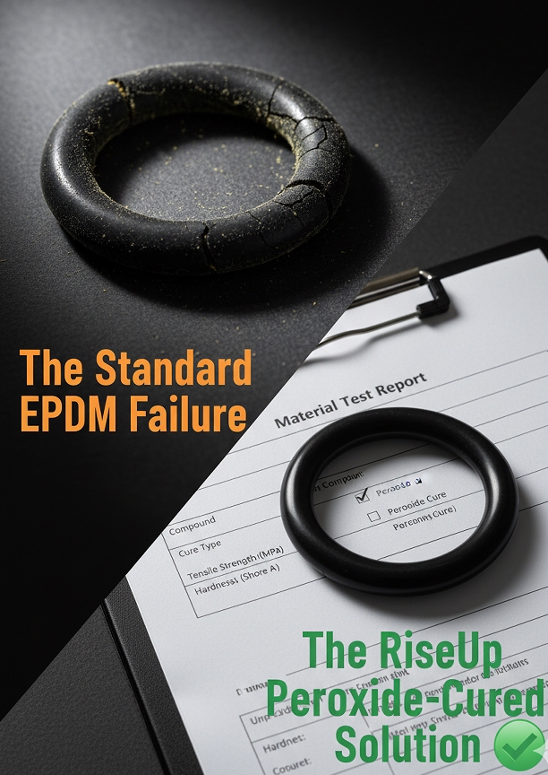 Engineering comparison showing standard EPDM compression failure versus high-rebound peroxide cured EPDM with MTR documentation