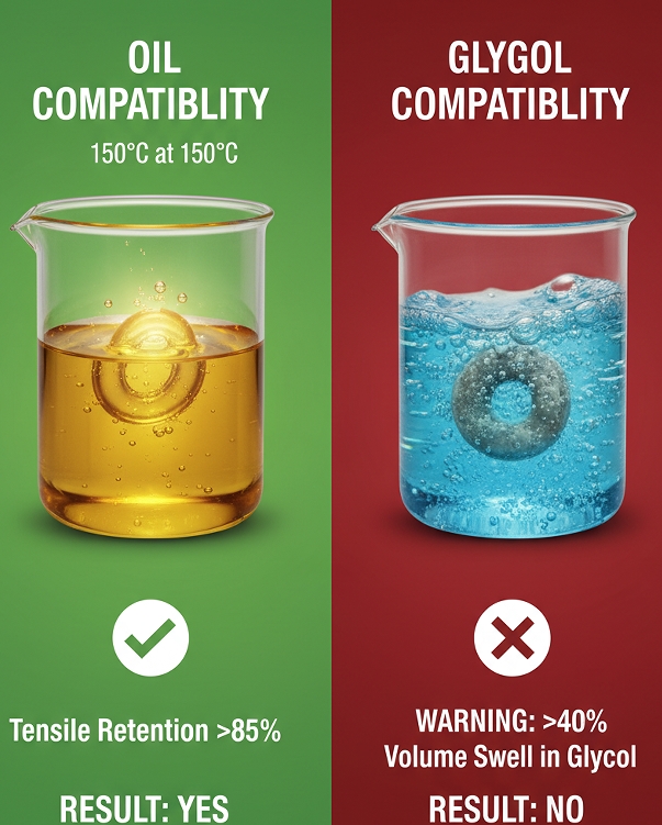 Material science data showing Polyacrylate (ACM) O-rings suffering catastrophic volume swell and hydrolysis in water and engine coolant.