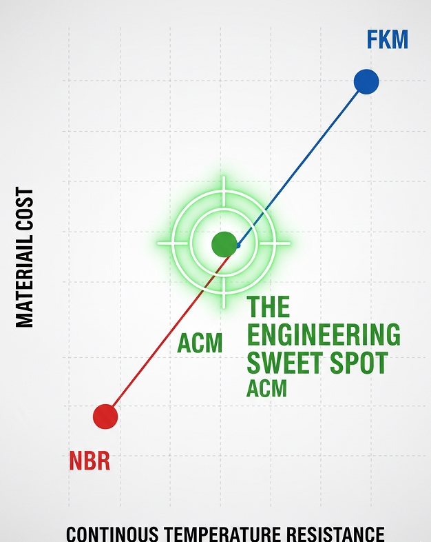 Engineering graph showing Polyacrylate (ACM) as the cost-effective sweet spot between NBR and FKM for 150°C hot oil applications