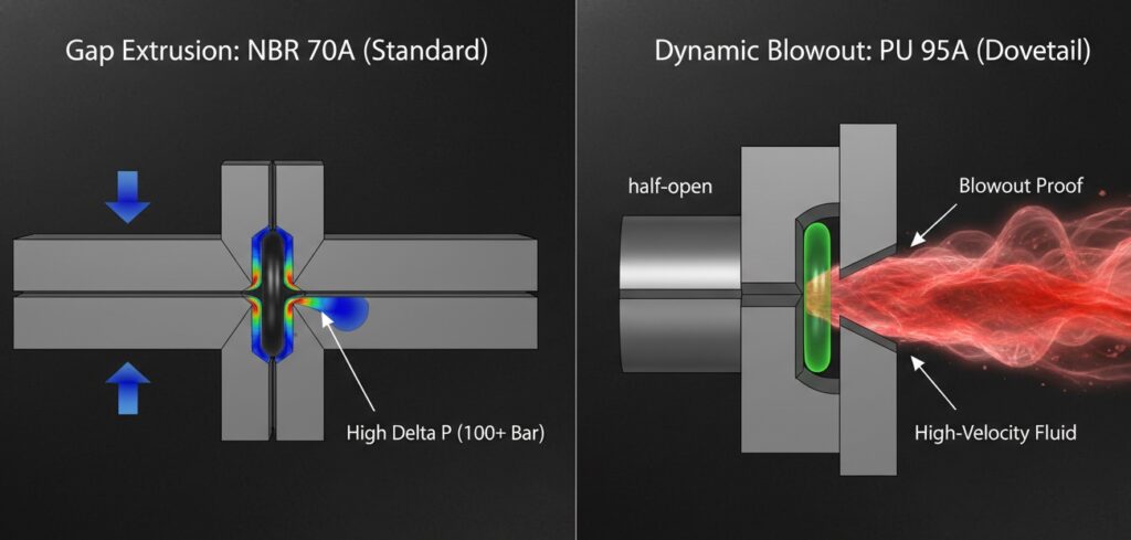 Engineering diagrams demonstrating Polyurethane O-rings resisting gap extrusion under High Delta P and preventing high-velocity washout in severe-service valves