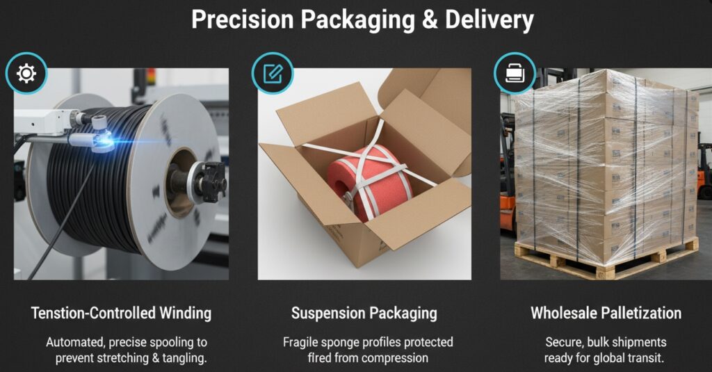 Zero-deformation export packaging standards for rubber cord, featuring tension-controlled winding, suspension packaging, and palletized wholesale bulk orders