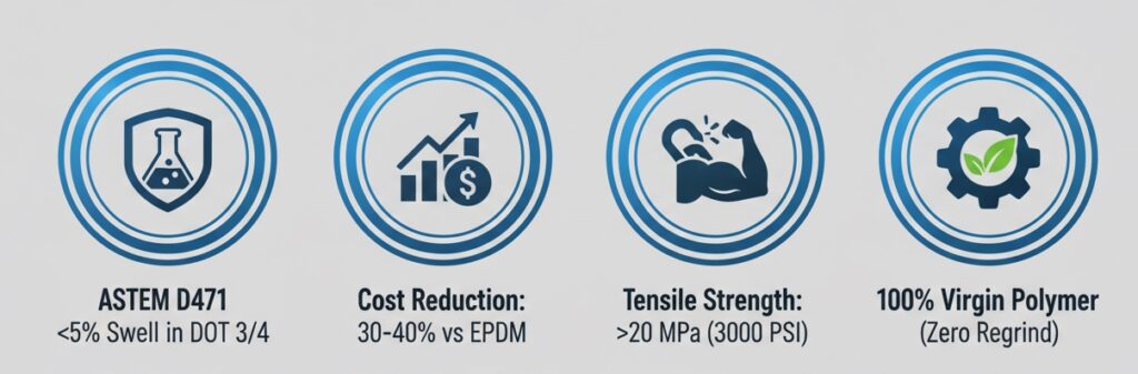 Core engineering data of SBR O-rings: brake fluid compatibility, EPDM cost replacement, extreme tensile strength, and pure polymer stability