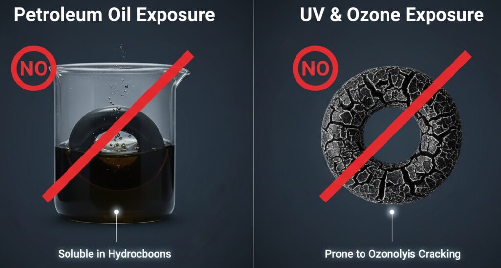 Material science data showing Styrene-Butadiene (SBR) O-rings suffering catastrophic volume swell in motor oil and severe cracking from ozone exposure
